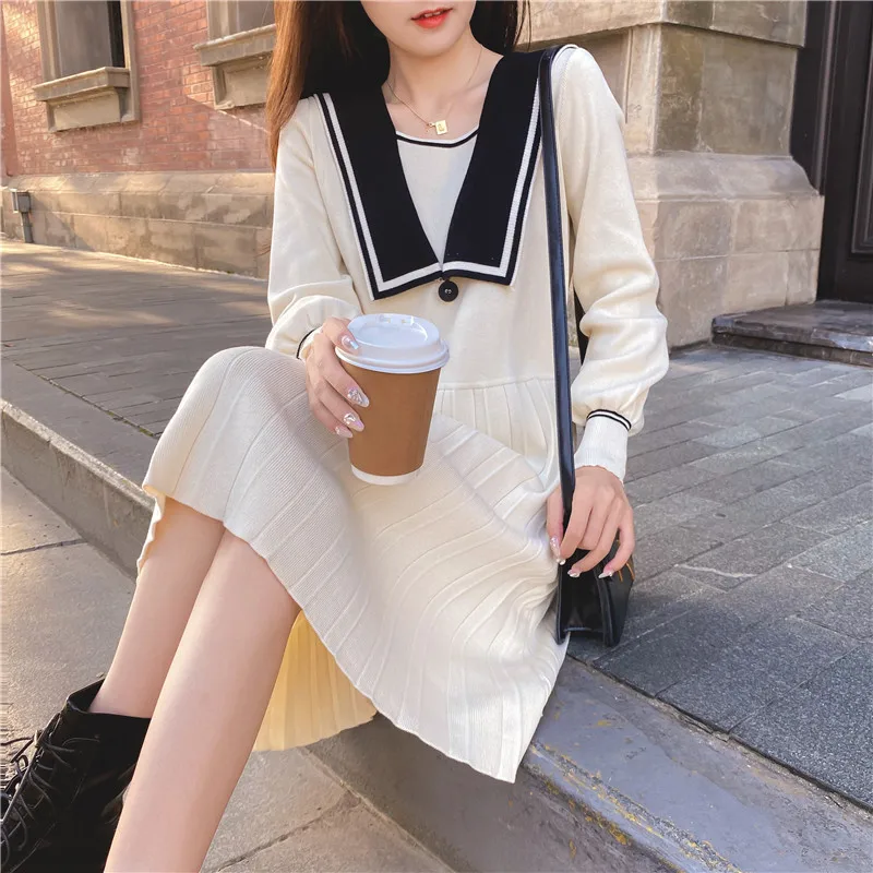 

Осень-зима 2021, вязаное платье в студенческом стиле, женское повседневное приталенное плиссированное платье-трапеция, слитное милое женское...