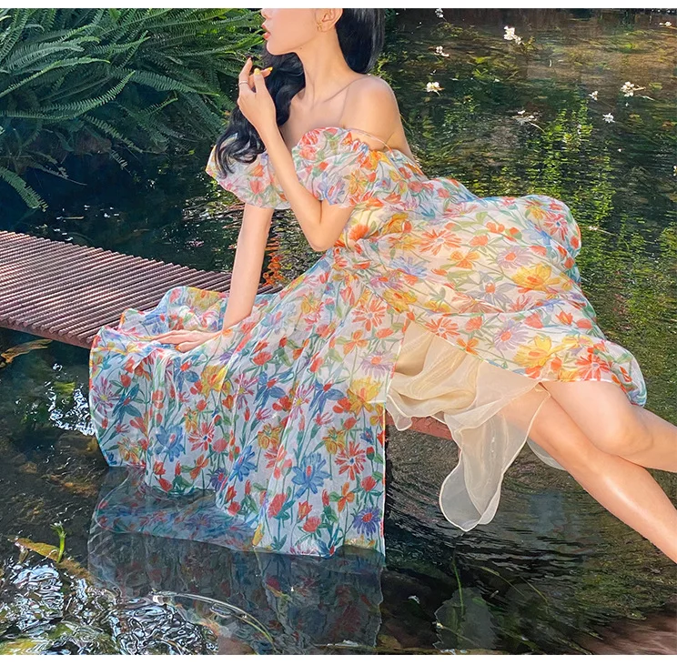

2021 new super fairy sweet long dress retro break french yellow one-shoulder floral dress sexy dresses for women summer dress
