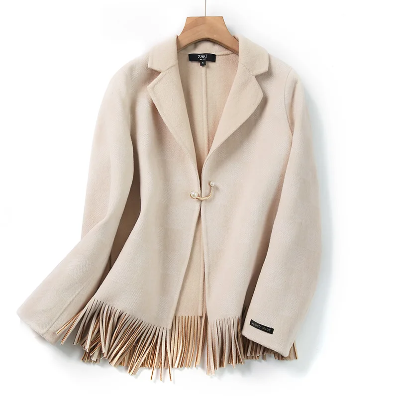 Высококачественное шерстяное пальто с бахромой Женская двусторонняя шерстяная