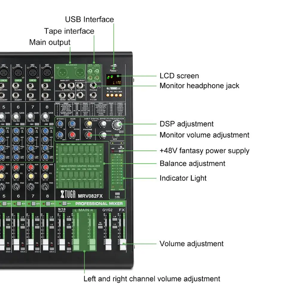 

XTUGA DJ Mixer Built-In Monitor Headphone Jack 8 Channel Professional Mixing Console with USB,Bluetooth,for DJ Music Recording