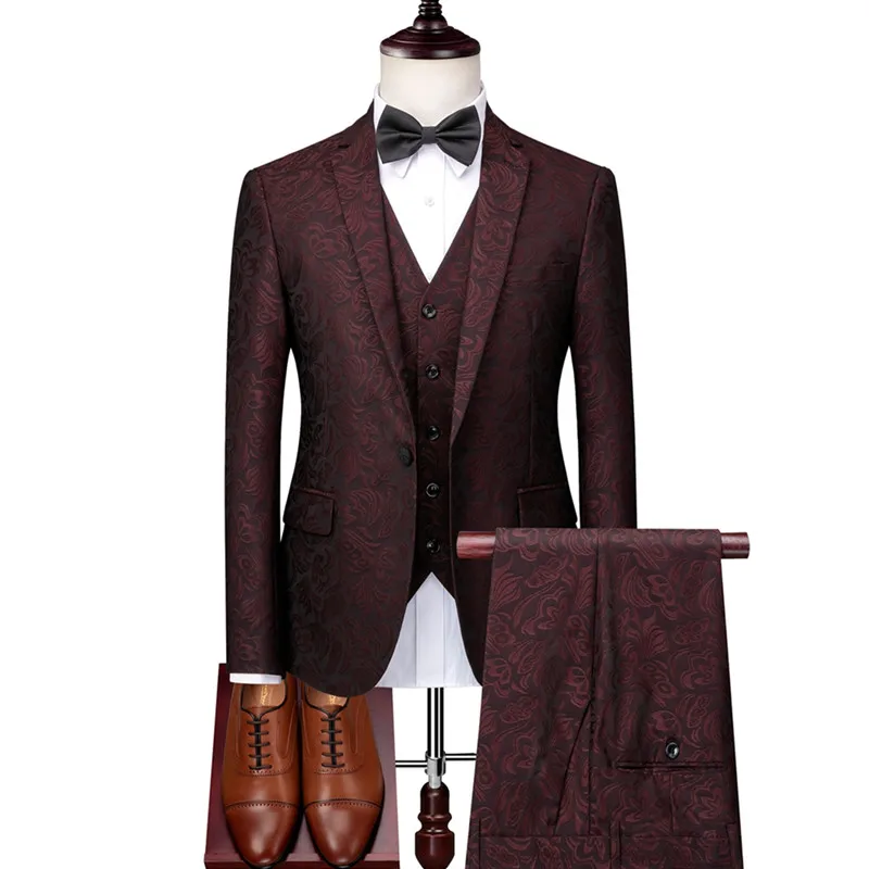 Groom Wedding High End Jacquard Slim Fit Three Piece Suit Blazer Vest Pants Retro Luxury Fashion Jacket Coat Trousers | Мужская одежда