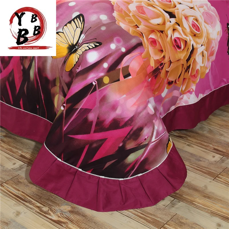 

Beautiful Cotton Printed Flower Bedding Set Wedding Bed Sheet Duvet Cover Pillowcase Queen King 4pcs Rose butterfly quilt Cover