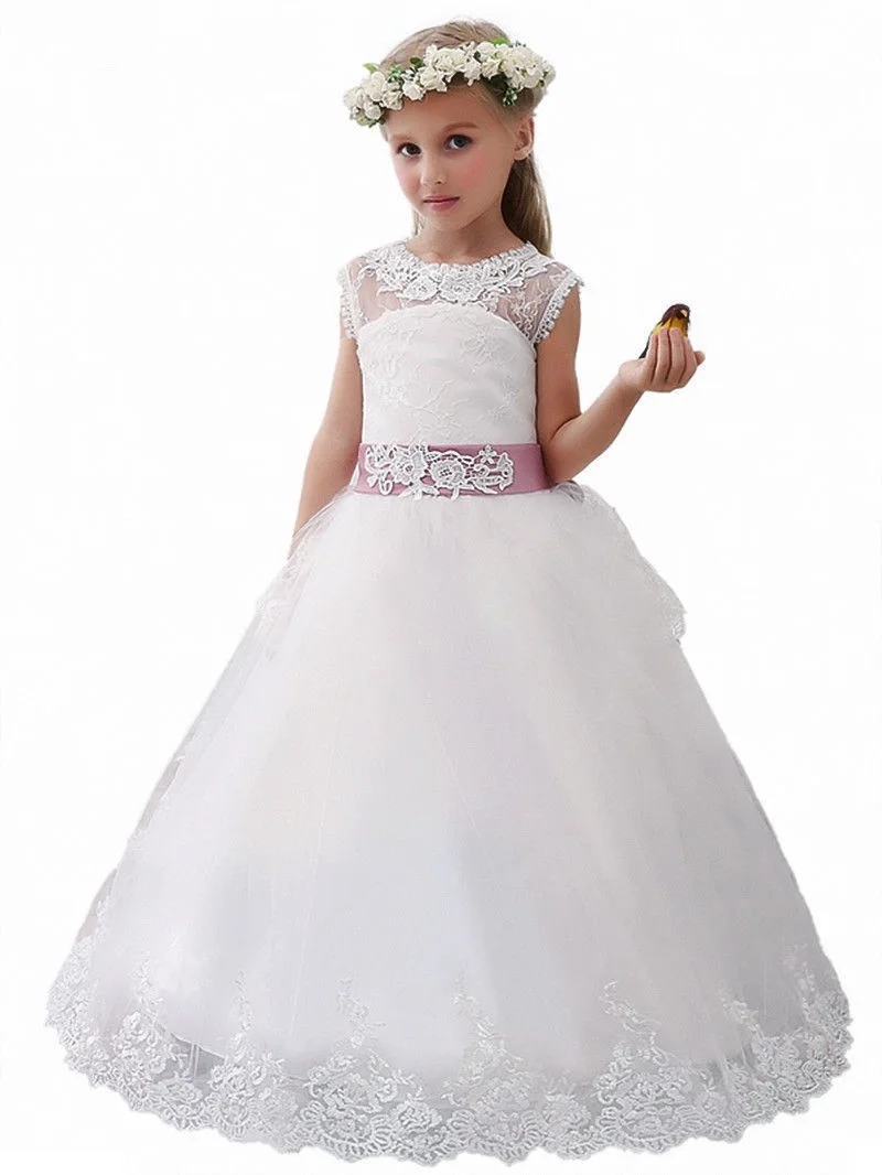 Детское платье принцессы с розовым поясом и бантом кружевное цветами для девочек