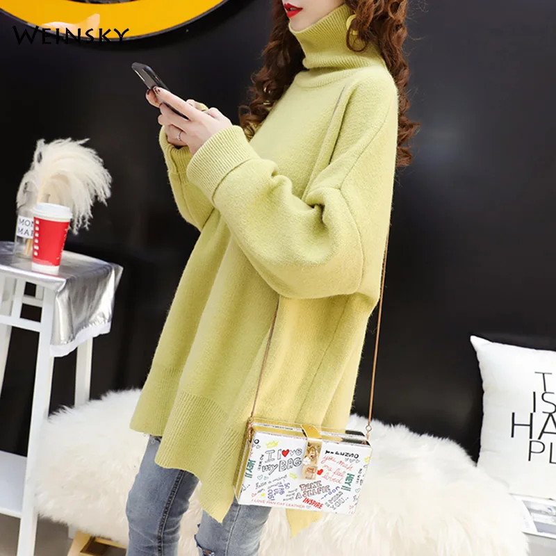 Женская водолазка оверсайз вязаный свитер пуловеры в Корейском стиле Осень-зима