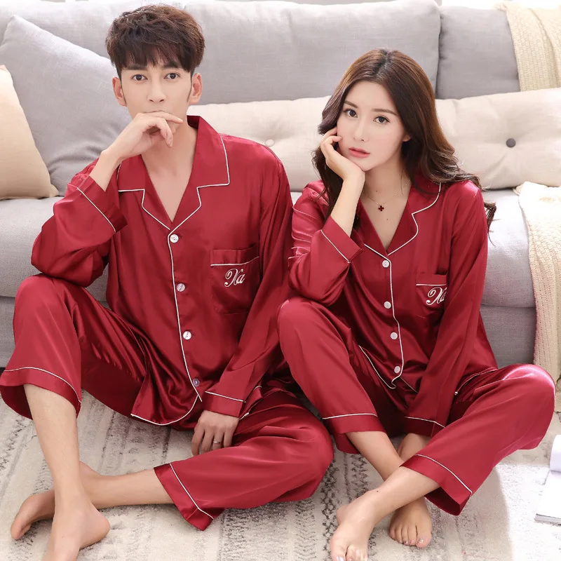 Satin Silk Sexy Womens Pajamas Set For Mens Kimono Pajama Cozy Soft Long Sleeve Sleepwear Nightgown Couples Pyjamas Home Clothes
