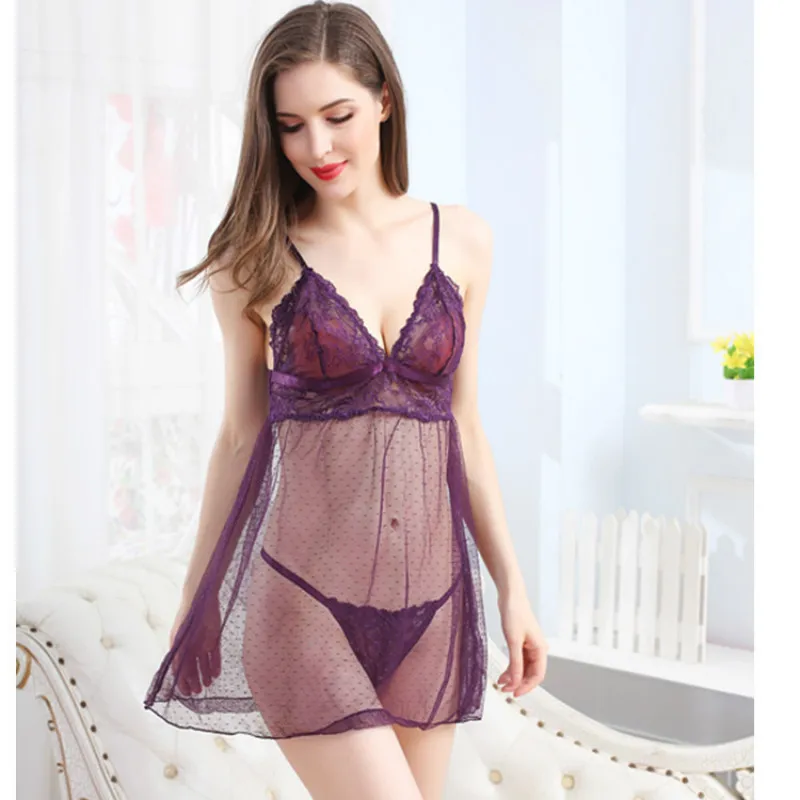 

Sexy Pajamas Perspective Dress Sweet Temptation Two Piece Set Deep V-neck Sling Underwear Multi Color