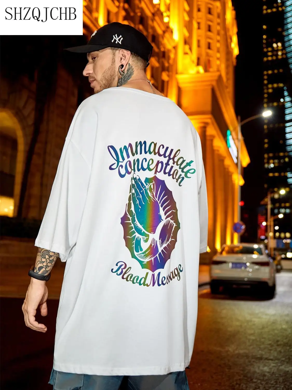 

hiphop Fashion hip hop short sleeve men's reflective T-shirt Street personality fashion lovers half sleeve trend summer leisure