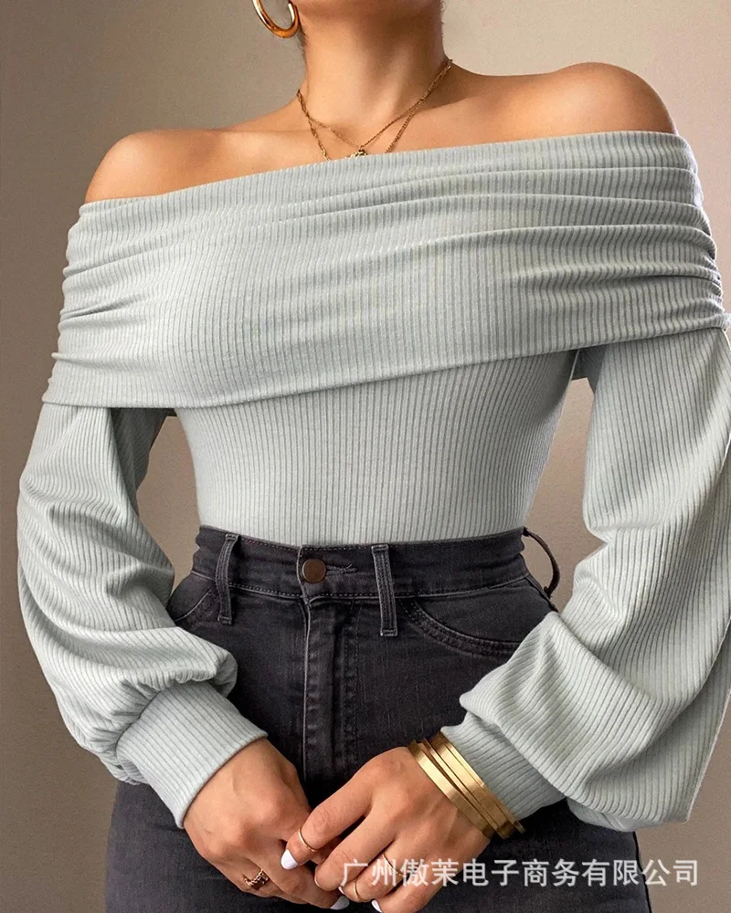 

Off Shoulder Women's Shirts 2021 Autumn New Long Sleeve Wool Woven Top