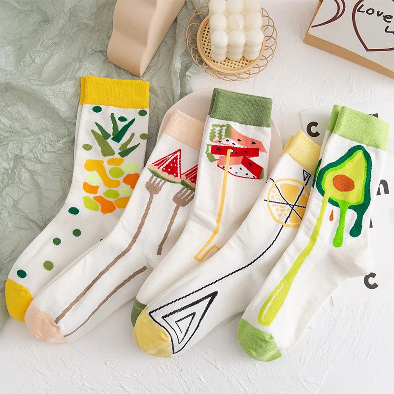 

Новые креативные женские носки PEONFLY, Забавные милые Мультяшные хлопковые носки с фруктами, авокадо, лимоном, ананасом и принтом счастливого ...