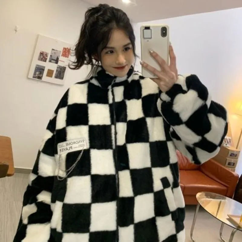 Новинка Зима 2022 женские шахматные пальто из искусственного меха с леопардовым
