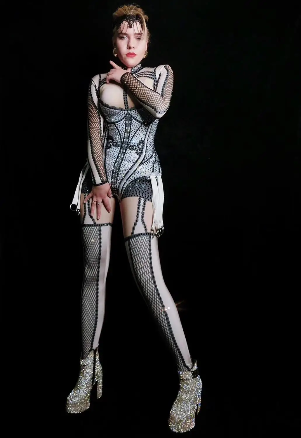 Female Singer Dancer Sexy Leggings Costume Bodysuit Nightclub Outfit Party Wear Black Printed Nude Stretch Jumpsuit | Тематическая