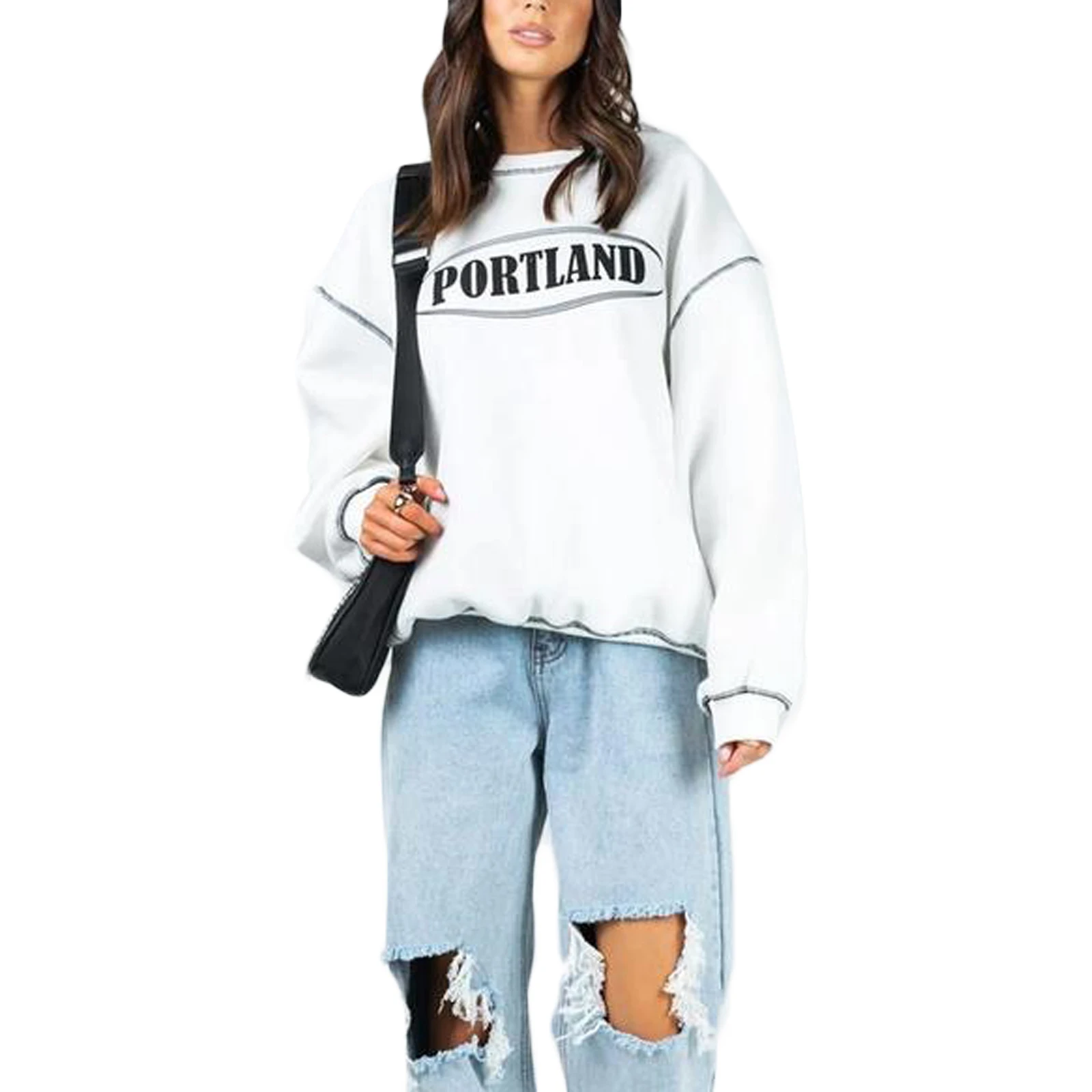 

Women Casual Loose Sweater, Adults Letter Print Long Sleeve Round Neck Sweatshirt
