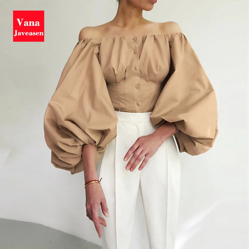 

Сексуальные тонкие рубашки с вырезом лодочкой женские топы однобортные футболки с открытыми плечами однотонные рубашки с рукавами-фонарик...