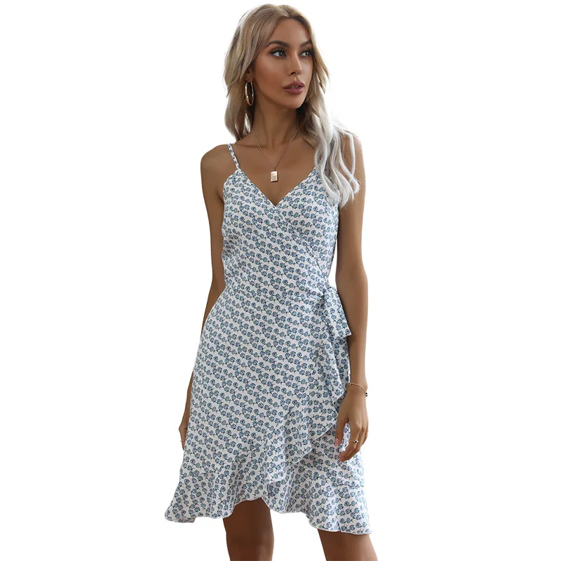 

Fashion Ladies Sexy Halter Strap Backless Small Bouquet Waist Tie Print Irregular dress Summer Hollow Slim Suspender Dresses