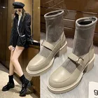 Новинка Осень-зима 2021, Женские Повседневные вязаные короткие сапоги на толстой подошве и высоком каблуке, женские сапоги
