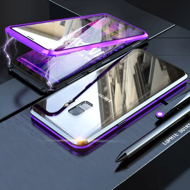 Black Purple 360 магнитный двойной чехол из закаленного стекла для samsung Galaxy S10 S9 Plus s10plus S8 Магнитный флип-чехол для samsung Note 10 Pro 9 - Цвет: Black Purple