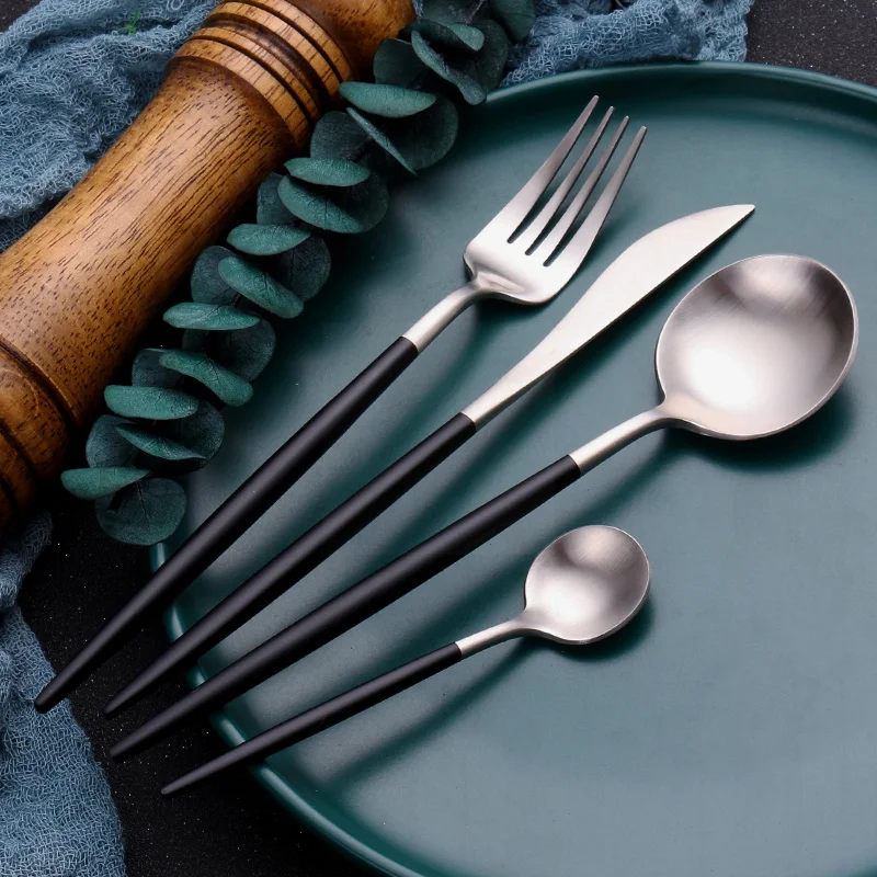 

Black Cutlery Silver Stainless Steel Tea Spoon Butter Knife Dinner Fork Kitchen Utensils Chopsticks Dinnerware Dropshipping