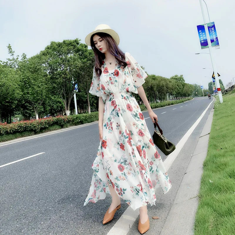 2020 летнее шифоновое платье с принтом женская летняя одежда новое ретро феи из