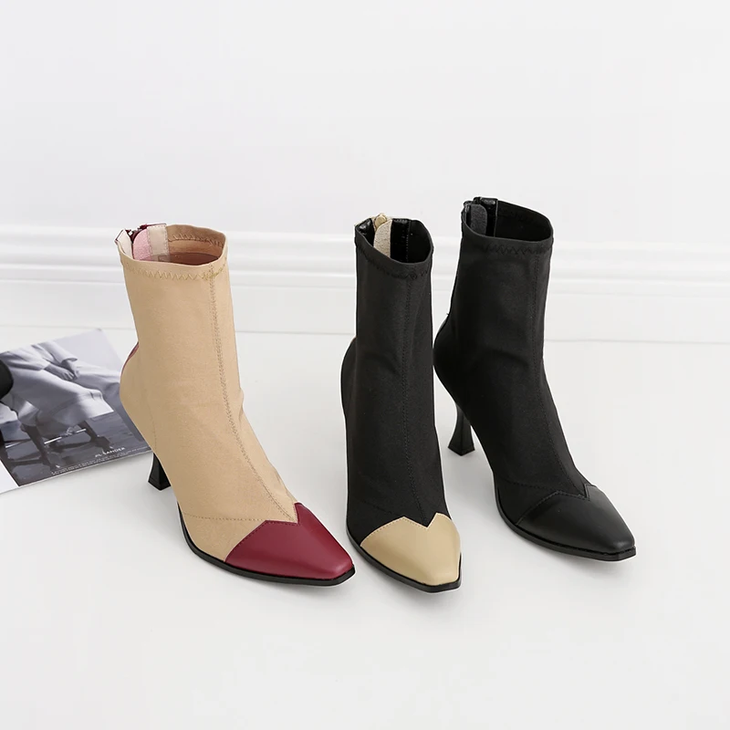 

Hjwsfdcai Square Toe Manual Stitching Women Stretch Socks Boots Ladies Pointed Toe Fashion Zipper High Heel Shoes Femmes Bottes