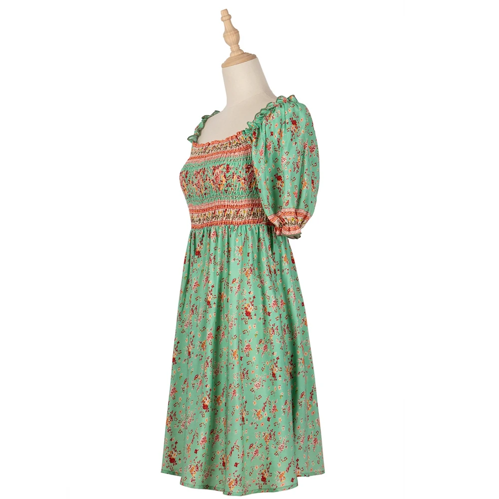 

Green Floral Print Dress Summer 2021 Ruffle Strapless Sexy Mini Dresses for Women Bohemian Bandage Chic Short Dress Vestidos