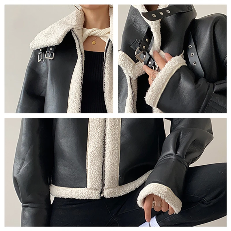 LUXUV Biker Zipper Jacket Women Winter Branded Cool Imitation Leather Cropped Coat Y2K Clothing Faux Outfit Warm Bomber Trench enlarge