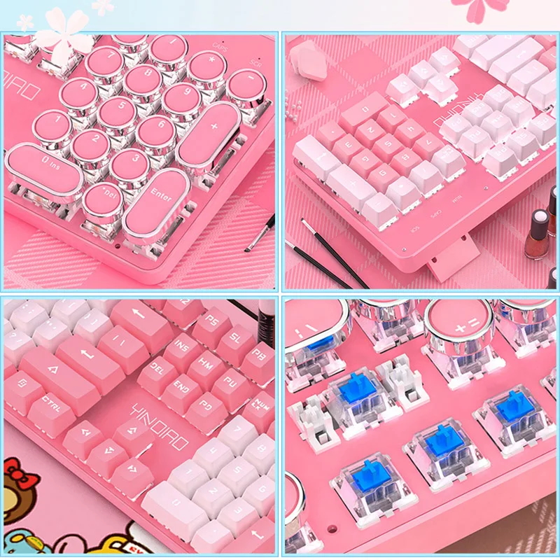 

Computer Keyboard Gaming Keyboard 104Keys Backlit Mechanical Felling Retro Punk Laptop USB Pink Keyboard for Girl/Woman