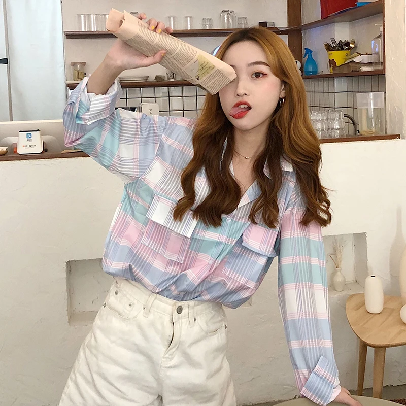 

casual vetement femme full Korean style Women's Clothing turn-down collar tops Spring autumn plaid pockets shirts fashion brand