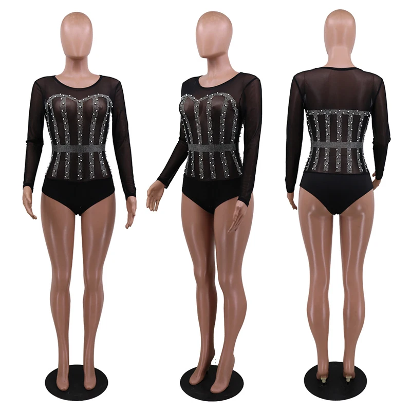 

HAOYUAN Sexy Mesh Bodysuit Long Sleeve Beading Bodycon Clothing for Women 2021 Fashion Streetwear One Piece Club Party Outfits