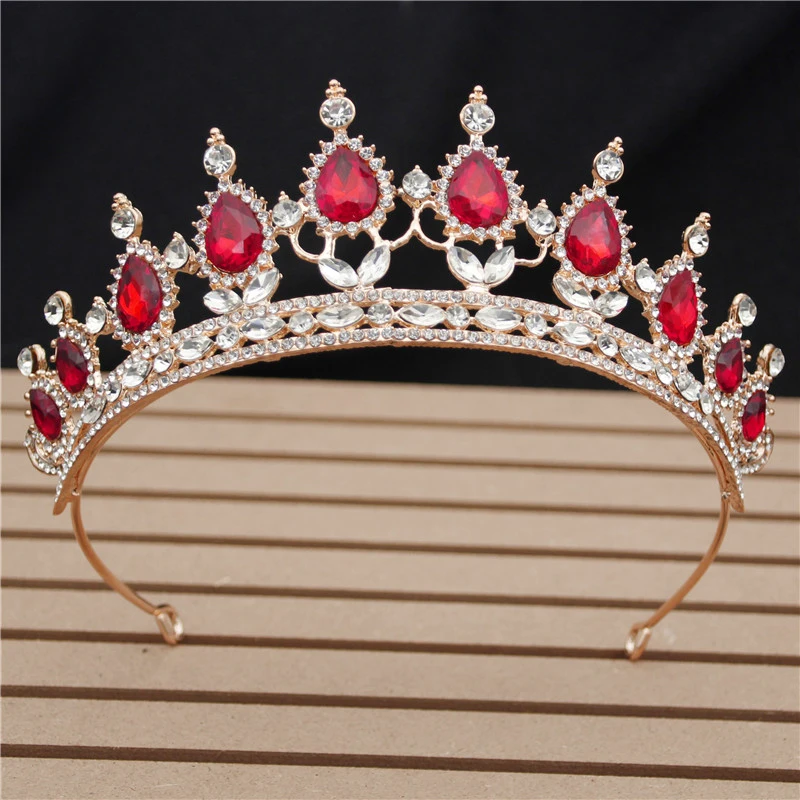 Gold Red Винтажная красная Хрустальная свадебная корона, Цветочная повязка на голову, свадебные диадемы и короны для королевы, выпускного, свадебные украшения для волос, аксессуары для головы - Окраска металла: Gold Red
