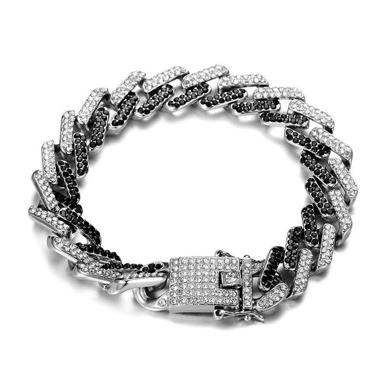 silverblack bracelet D&Z, 13 мм, в стиле хип-хоп, со льдом, Bling, циркониевые, в стиле Майями, кубинские звенья, ожерелья-цепочки для мужчин, модные ювелирные изделия, 1 комплект, Прямая поставка - Окраска металла: silverblack bracelet