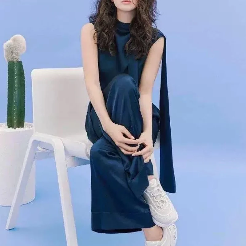 

Женский модельный комплект из двух предметов, элегантный темно-синий топ с оборками и брюки, офисная одежда из двух предметов, лето 2020