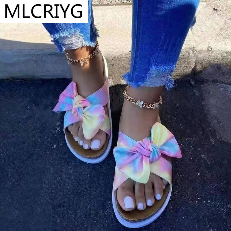 

2021 New Fashion Women's Shoes Flat Shoes Open Toe Color Matching Leopard Bow Beach Shoes Summer Comfortable Women's Slippers