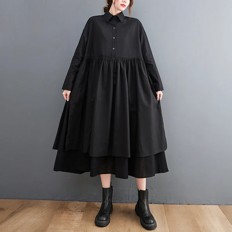 

SuperAen 2021 Осенняя новая комбинированная Мода поддельные из двух частей отложной воротник трапециевидной формы до середины икры рубашки плат...