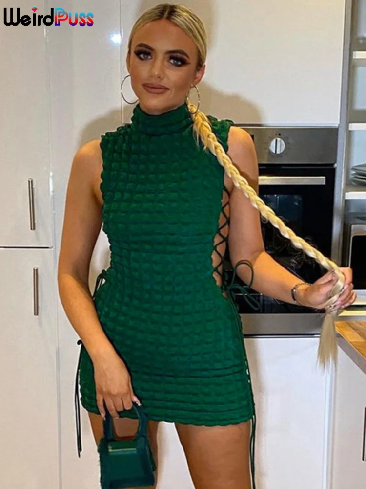 

Weird Puss 2022 Sexy Dress Party Women Turtleneck Plaid Bandage Hollow Sleeveless Bodycon Stretch Skinny Summer Fashion Outfits