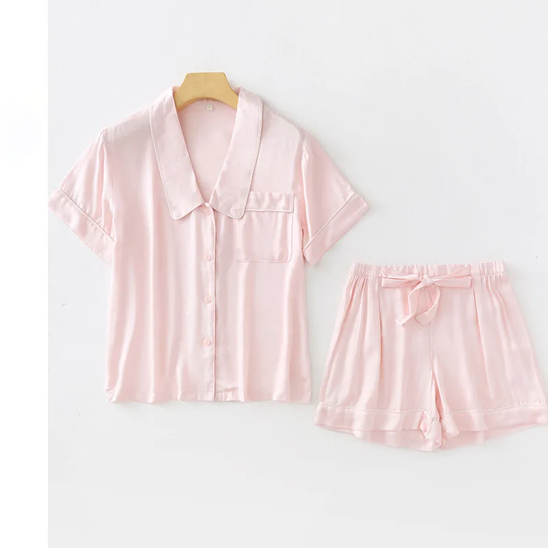 Spring and Summer Women's Pajamas Home Service Korean Version of Solid Color Short-Sleeved Shorts Two-Piece Ladies Pajamas