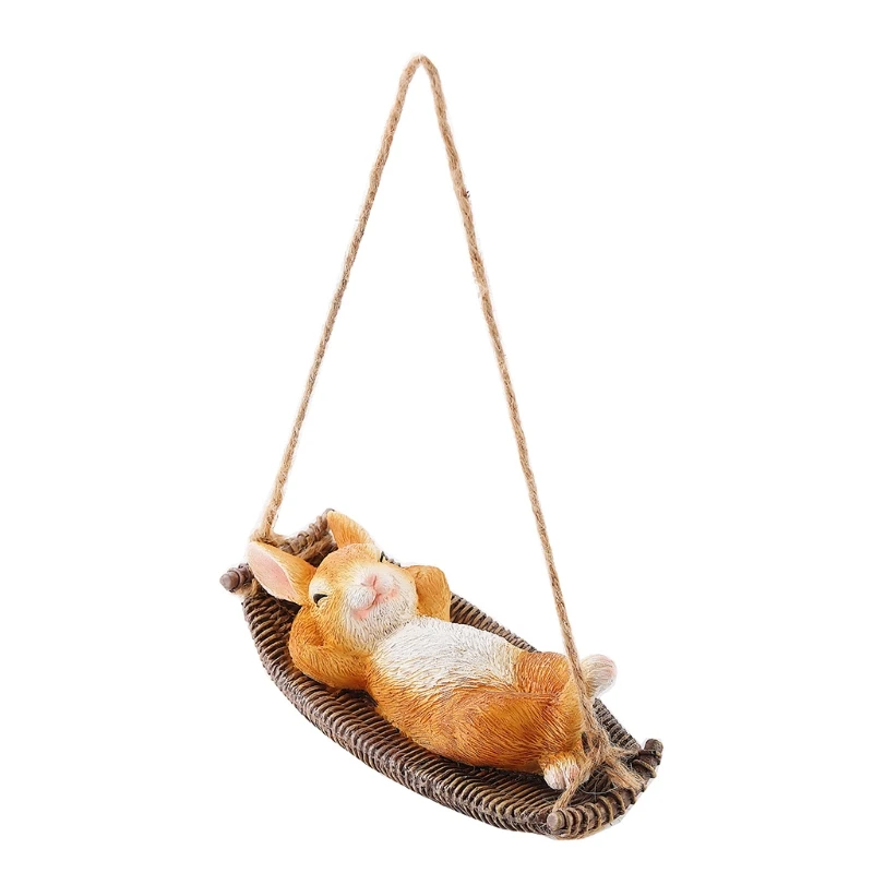 

H051 Swing Sleeping Rabbit Statue Resin Outdoor Hanging Animal Figurine Garden Decor