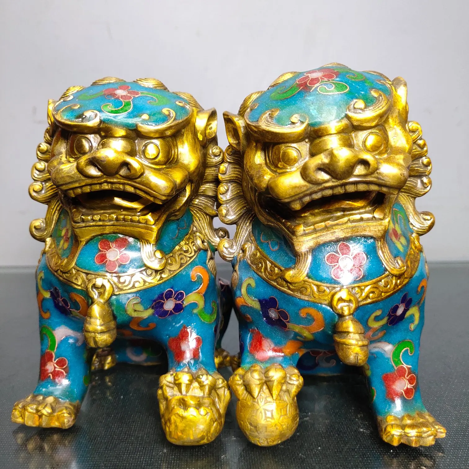 

5"Chinese Folk Collection Old Bronze Cloisonne Enamel Lion statue Guard poodle A pair Office Ornaments Town House Exorcism