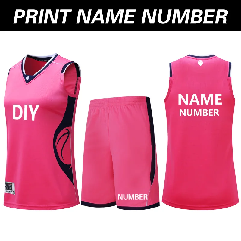 pink DIY Баскетбольные майки, наборы униформы для девочек, спортивная одежда, дышащие, для колледжа, для тренировок, трикотажные баскетбольные шорты на заказ - Цвет: pink DIY