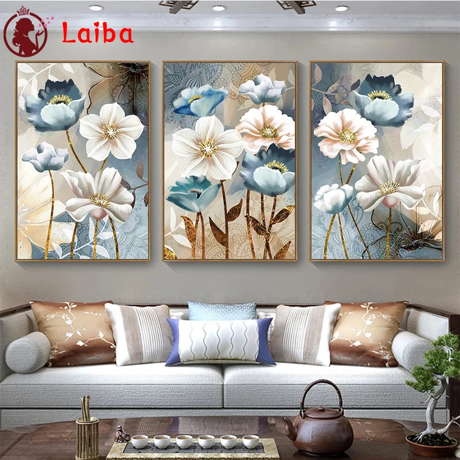 Pintura de diamante artesanal, mosaico de diamantes de flor azul dorada abstracta moderna, taladro completo, cuadrado, redondo, punto de cruz, hecho a mano, Hobby3pcs-0