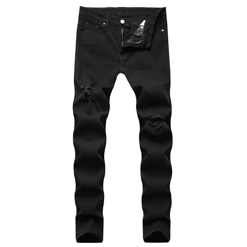 

2021 Men Stacked Ripped Jeans Male Black Denim Straight Leg Trousers Students Slim Fit Boyfriend Streetwear Quality Brand Pants
