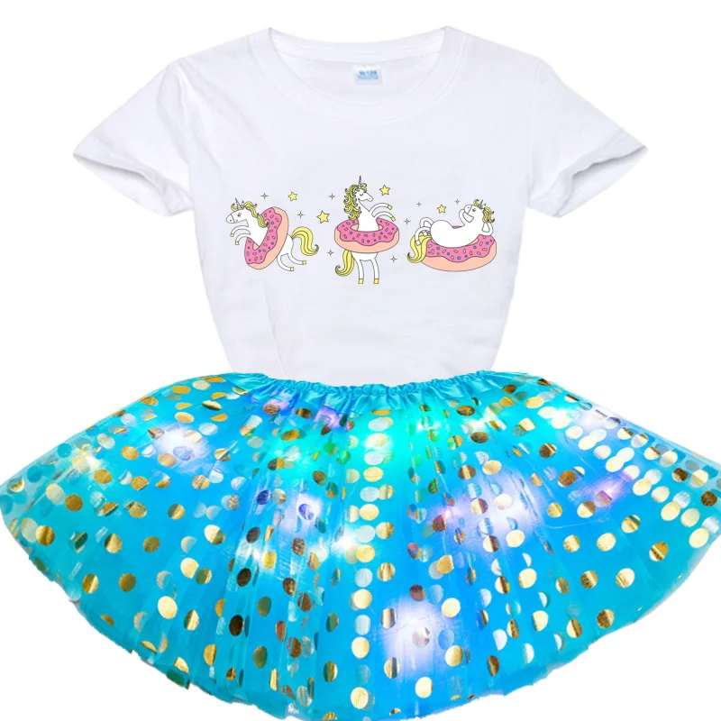 Kids Girls Dress Dresses Baptism Kids Baby Girls Birthday Dress Princess Dress Cartoon Print Pony T Shirt+Glowing Skirts Sets