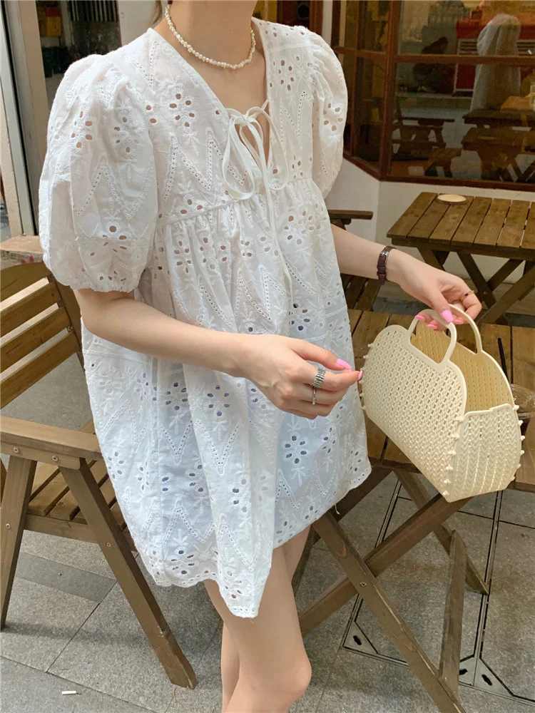 Женское кружевное платье-рубашка белое тонкое свободное платье во французском