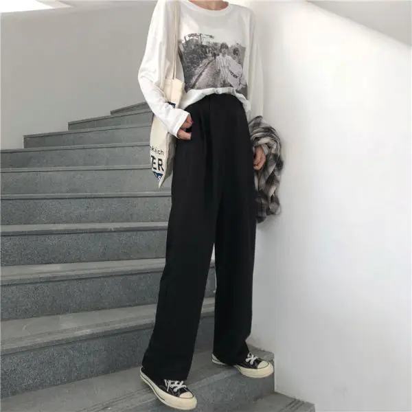 

Summer han edition show thin leisure trousers loose height pants female show thin solid color of tall waist straight canister wi