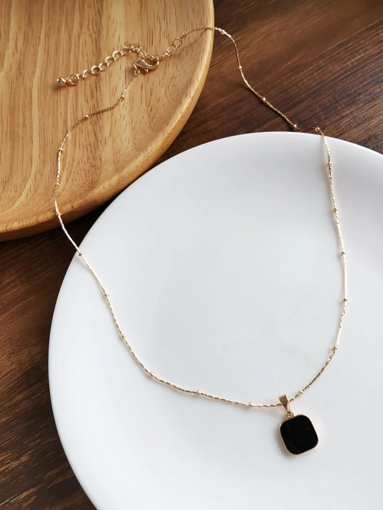 

FashionJewelry French Style Geometric Square Pendant Necklace 2021 New Early Spring Black Enamel Golden Plating Women Necklace