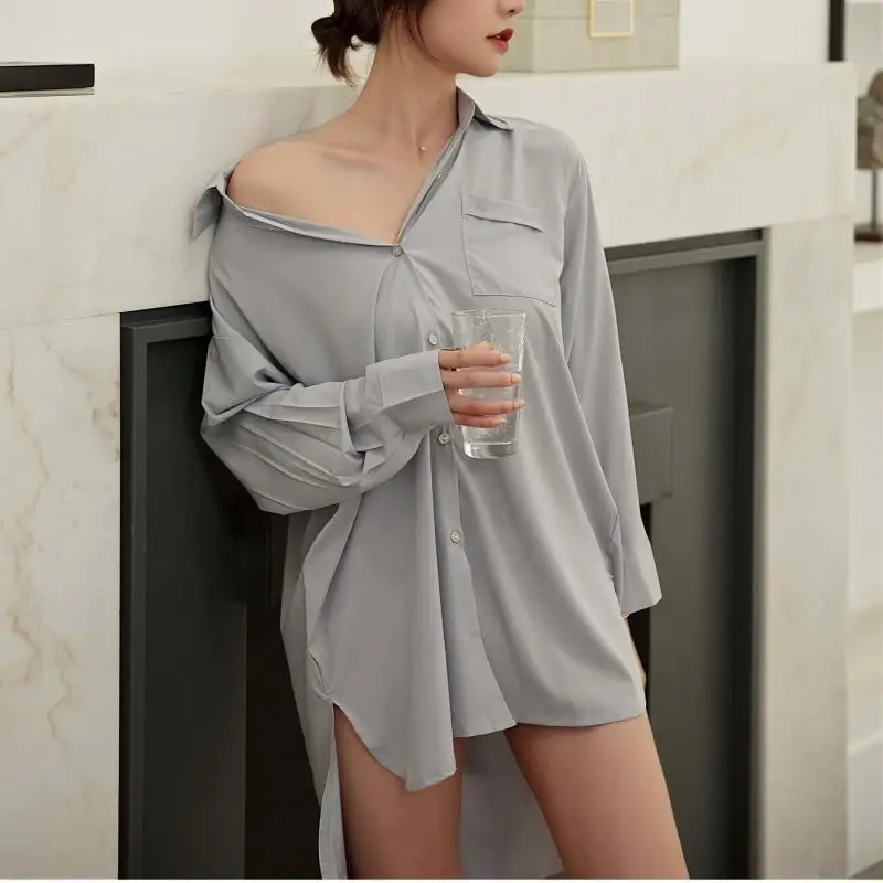 Ночная рубашка женская атласная с лацканами и пуговицами | Женская одежда