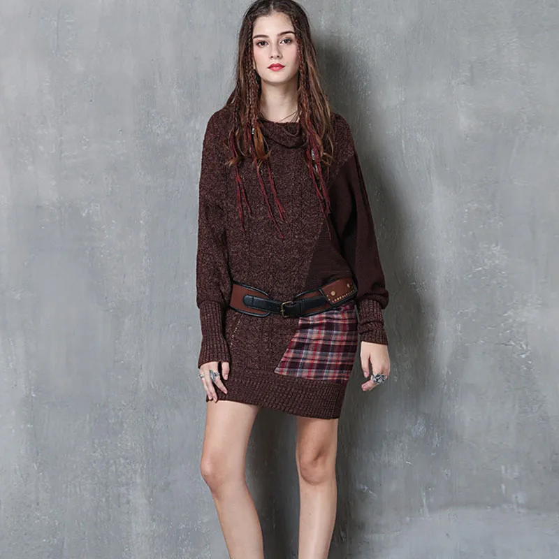 Johnature осенне зимнее модное лоскутное клетчатое трикотажное платье свитер с