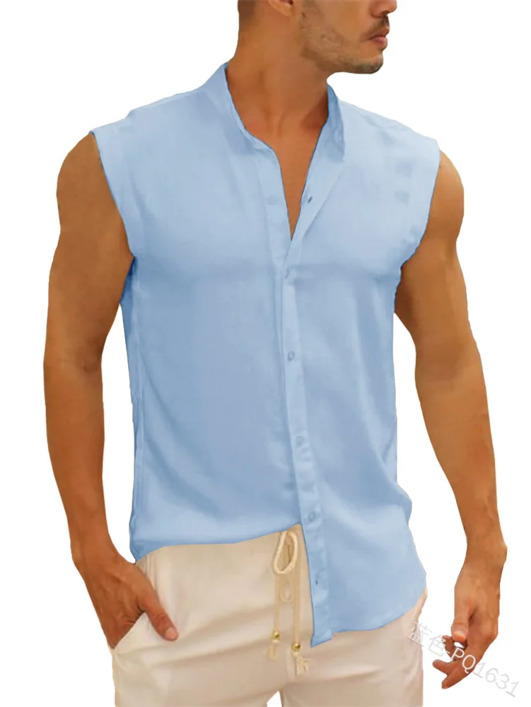 

Men Cardigan Shirt Lapel Sleeveless Single-breasted Four Seasons Casual Solid Color Youth Bright Line Cotton Sports Shirt