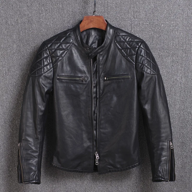 

2020 New Genuine Cow Jacket Leather Men Stand Collar Spring Autumn Coat Cowhide Motorcycle Leather Jackets Y18-19 KJ2313