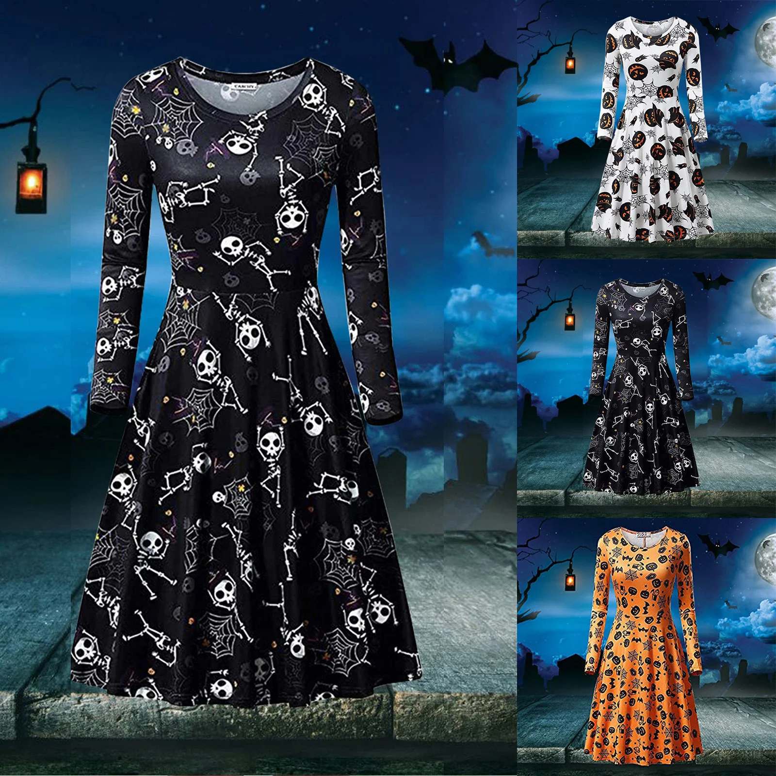 

Halloween Costume Ladies'dress Sexy Dress Neck-neck Dress Long Sleeve Horror Robe Skull Pumps Printed Mini Dress
