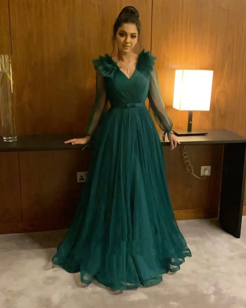 

robe de soiree 2020 African Hunter Green Prom Dresses Sexy V Neck Formal Evening Gowns Long Sleeves prom Gowns vestido de festa
